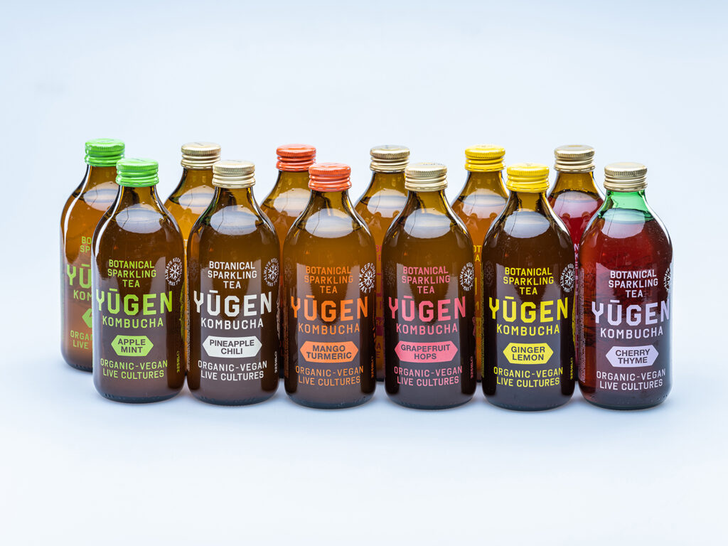 6 of our Yugen Kombucha flavours in bottle. You can buy them all in our online store. 