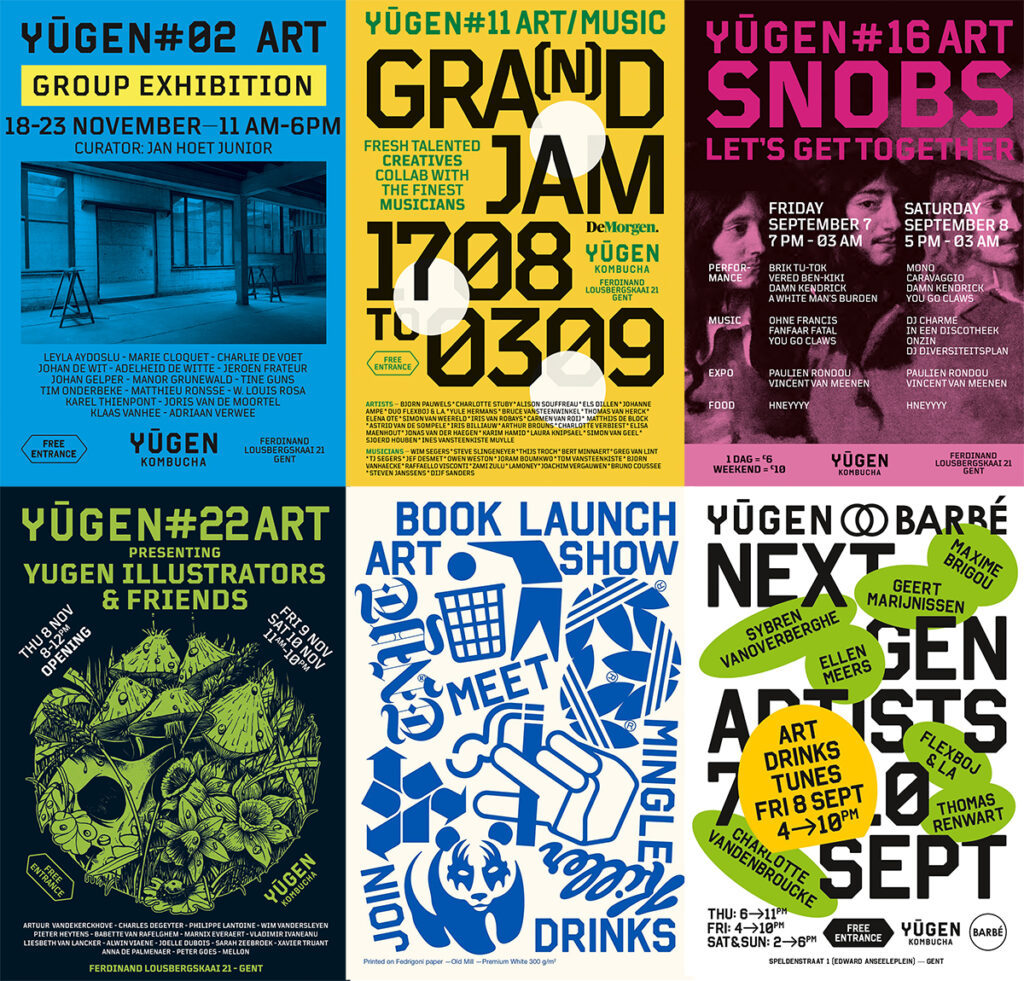 Collage of vibrant Yugen event posters for art exhibitions, music jams, and book launches, featuring bold graphics, various fonts, and details about the events including dates, times, and locations.