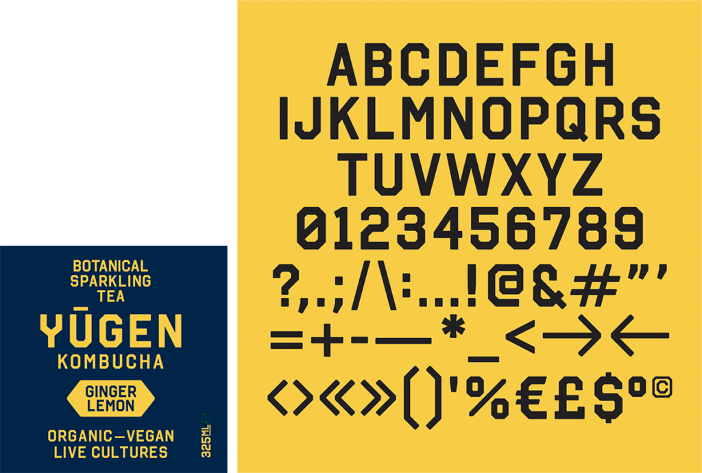 Yugen font showcase featuring bold black typography on a yellow background with the full English alphabet, numbers 0 to 9, and various punctuation marks, alongside the Yugen Kombucha Ginger Lemon logo.
